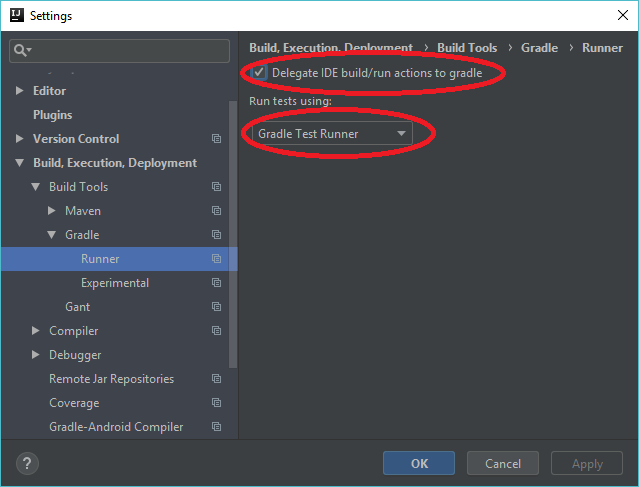 Delegate build run and test actions to Gradle in IntelliJ
